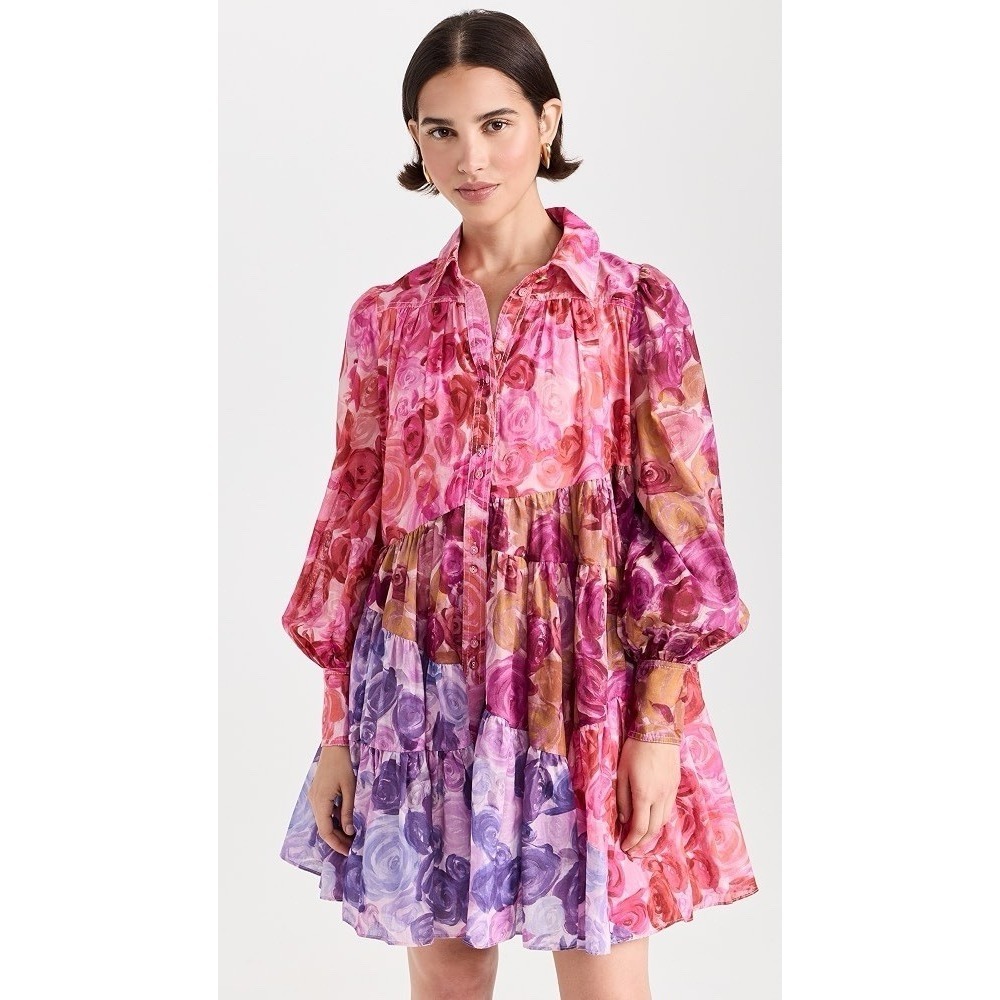 Aje Vision Smock Mini Dress Size AU 8 US 4 Pink Floral Long Sleeve Tiered